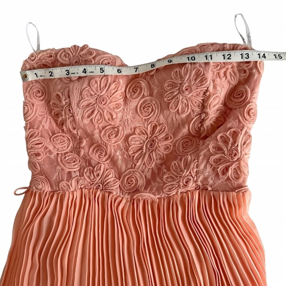 Papaya Strapless Peach Chiffon Maxi Dress M Lace Appliqué Bodice, Pleated Skirt - Picture 7 of 10